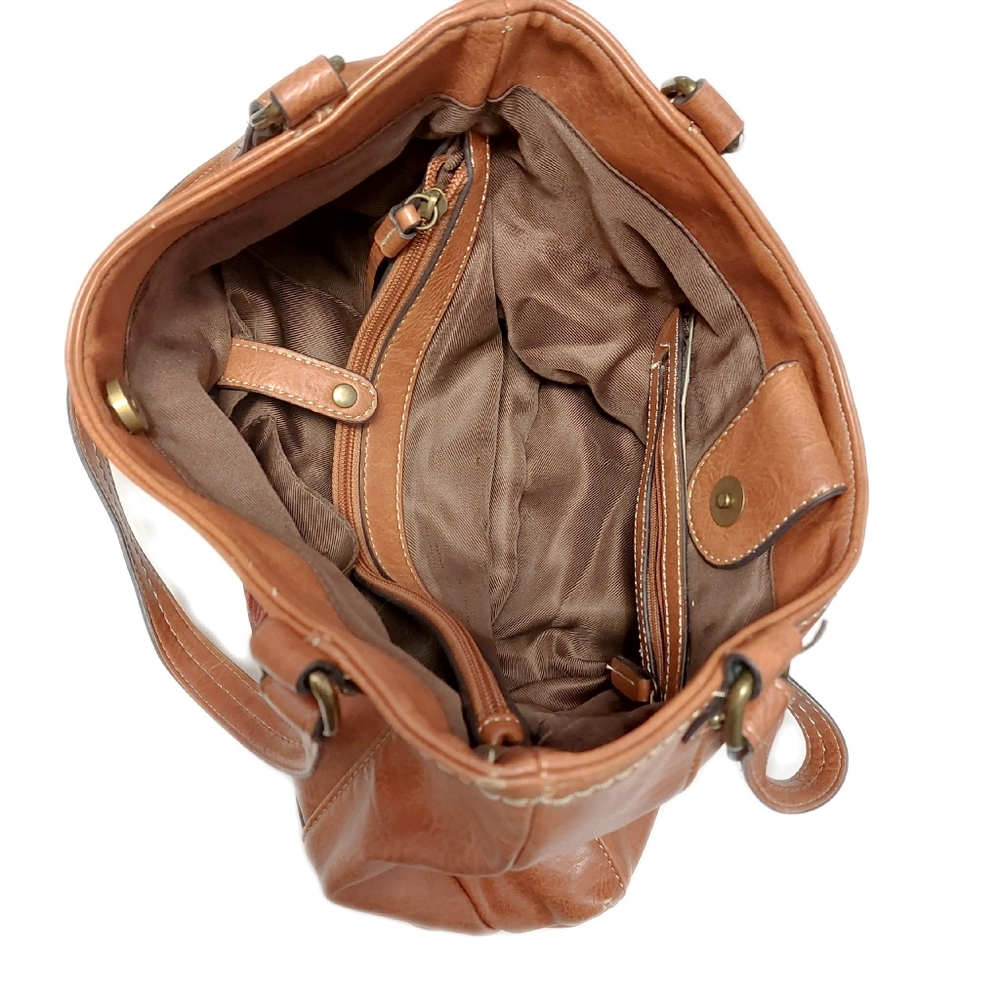 Concept Womens Brown Flower Embossed Faux Leather 2 Handle Shoulder Bag - Picture 3 of 5